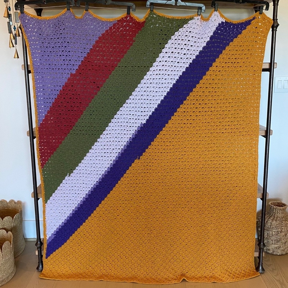 Handmade Crochet Afghan Throw Blanket Diagonal Striped Multicolor Boho 65x70"
